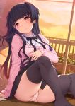  1girl ass bangs black_hair black_legwear blunt_bangs blush breasts eyebrows_visible_through_hair idolmaster idolmaster_shiny_colors indoors kirin_kakeru long_hair mask mask_removed mayuzumi_fuyuko panties room sitting skirt solo thigh-highs two_side_up underwear white_panties yellow_eyes 