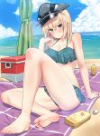  1girl aqua_eyes barefoot beach bikini bikini_skirt bismarck_(kantai_collection) blonde_hair blush breasts closed_mouth clouds cloudy_sky collarbone commentary_request commission cosplay eyebrows_visible_through_hair feet green_bikini hair_between_eyes hat highres kantai_collection kasumi_(kantai_collection) kasumi_(kantai_collection)_(cosplay) long_hair looking_at_viewer lotion_bottle ocean peaked_cap sitting sky soles solo soushou_nin swimsuit toenails toes 