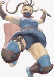 1girl antenna_hair arms_up backlighting blue_buruma blue_footwear blue_legwear blue_skirt breasts brown_eyes brown_hair buruma commentary_request dual_wielding face_mask forehead from_behind greaves grey_background holding holding_weapon ibuki_(street_fighter) jumping knee_pads kunai long_hair looking_at_viewer mask neck_ribbon ninja noppo_(tarstation) pleated_skirt ponytail red_ribbon reverse_grip ribbon school_uniform shirt shoes short_sleeves simple_background skirt small_breasts solo street_fighter street_fighter_v thigh-highs thigh_strap upskirt v-shaped_eyebrows vambraces weapon white_shirt wind wind_lift 