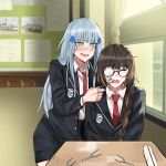  2girls alternate_costume alternate_hairstyle alternate_universe blush bullying classroom closed_eyes desk eyepatch fork girls_frontline highres hk416_(girls_frontline) m16a1_(girls_frontline) mmm_(ji1945) multiple_girls pencil_case scar scar_across_eye school_uniform 