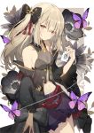  1girl bare_shoulders black_bow blonde_hair bow breasts bug butterfly character_request copyright_request cowboy_shot detached_sleeves flower hair_bow highres insect long_hair purple_skirt side_ponytail skirt small_breasts solo sutorora yellow_eyes 