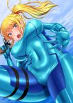  1girl aqua_eyes blonde_hair blush bodysuit breasts clouds commentary_request covered_navel gun handgun highres karinaga_raizan large_breasts looking_at_viewer looking_down metroid nintendo nintendo_ead pistol ponytail retro_studios round_teeth samus_aran skin_tight sky solo surprised teeth thighs weapon zero_suit 