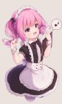  1girl apron black_dress dress grey_background highres long_hair maid maid_headdress musical_note open_mouth original pantyhose pen pink_eyes pink_hair ribbon simple_background smile solo spoken_musical_note tokenbox twintails waist_apron white_apron white_legwear wrist_cuffs 