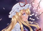  1girl absurdres blonde_hair cherry_blossoms commentary_request hair_ribbon hat hat_ribbon highres huge_filesize ibuibuyou long_hair mob_cap open_mouth partial_commentary ribbon signature solo tabard tears touhou tress_ribbon upper_body violet_eyes yakumo_yukari 