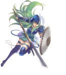  1girl armored_boots blue_footwear boots fire_emblem fire_emblem:_path_of_radiance floating_hair full_body gauntlets green_eyes green_hair helmet highres holding holding_shield holding_spear holding_weapon long_hair miniskirt nephenee open_mouth polearm shield shoulder_armor skirt solo spaulders spear thigh-highs thigh_boots thigh_strap transparent_background very_long_hair weapon white_skirt will_(willanator93) zettai_ryouiki 