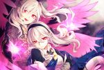  2girls armor black_hairband blue_cape cape corrin_(fire_emblem) corrin_(fire_emblem)_(female) fire_emblem fire_emblem_awakening fire_emblem_fates fire_emblem_heroes gloves grima_(fire_emblem) hairband long_hair long_sleeves multiple_girls open_mouth parted_lips red_eyes robin_(fire_emblem) robin_(fire_emblem)_(female) tida_2112 twintails white_hair wings 