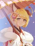  1girl :3 animal_ears artist_name bare_shoulders blonde_hair blue_background brown_eyes closed_mouth commentary dog_ears eyebrows_visible_through_hair fang fang_out granblue_fantasy highres looking_at_viewer petals short_hair smile solo twitter_username umbrella vajra_(granblue_fantasy) zakuromu 