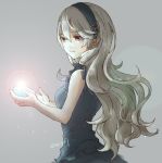  1girl black_hairband closed_mouth corrin_(fire_emblem) corrin_(fire_emblem)_(female) fire_emblem fire_emblem_fates from_side grey_background hairband long_hair pointy_ears red_eyes robaco simple_background sleeveless smile solo stone twitter_username upper_body white_hair 