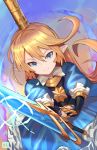 1girl armor blonde_hair blue_eyes charlotta_fenia closed_mouth crown cygames dress elf english_commentary eyebrows_visible_through_hair gauntlets glint godsh0t granblue_fantasy hair_between_eyes harvin holding holding_sword holding_weapon long_hair looking_at_viewer pointy_ears solo sword v-shaped_eyebrows weapon 