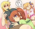  3girls blonde_hair blue_eyes blue_ribbon blush breasts brown_hair cookie couch couple family fate_testarossa food hair_ornament hair_ribbon kano-0724 large_breasts legs long_hair looking_at_another lyrical_nanoha mahou_shoujo_lyrical_nanoha_strikers mahou_shoujo_lyrical_nanoha_vivid mother_and_daughter multiple_girls red_eyes ribbon side_ponytail simple_background sitting surprised sweater takamachi_nanoha thighs translation_request two-tone_background very_long_hair vivio yuri 