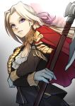  1girl axe blonde_hair blue_eyes cape cravat edelgard_von_hresvelgr_(fire_emblem) fire_emblem fire_emblem:_three_houses fire_emblem:_three_houses fire_emblem_heroes gloves hair_ornament hair_ribbon highres intelligent_systems koei_tecmo kuno_(runkunochan) long_hair looking_at_viewer nintendo parted_lips red_cape ribbon simple_background solo uniform weapon white_background 