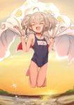  1girl :d ^_^ ahoge bangs bare_legs bare_shoulders barefoot blanket blush closed_eyes collar collarbone commentary_request day demon_wings eyebrows_visible_through_hair face fang flat_chest full_body grey_hair happy highres jumping kio_(yumekuikio) makaino_ririmu name_tag nijisanji one-piece_swimsuit open_mouth outdoors pointy_ears red_wings school_swimsuit smile solo sparkle sunset swimsuit twintails virtual_youtuber water wings 