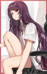  1girl casual chair highres isshiki_(ffmania7) long_hair looking_at_viewer office_chair original purple_hair red_eyes shirt white_shirt 