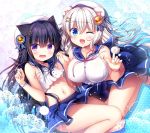  2girls ;d animal_ears bare_arms bare_shoulders bear_ears bear_girl bear_tail beret black_hair blue_eyes blue_ribbon blue_sailor_collar blue_skirt blush breasts cat_ears cat_girl cat_tail collarbone commentary_request crop_top fang hat large_breasts long_hair midriff multiple_girls navel neck_ribbon one_eye_closed open_mouth original panties pleated_skirt red_ribbon ribbon sailor_collar sasai_saji school_uniform serafuku shirt signature silver_hair skirt small_breasts smile striped striped_panties tail underwear very_long_hair violet_eyes white_headwear white_shirt 