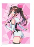  1girl a.i._channel aqua_eyes ass bangs bare_shoulders blue_eyes blush breasts brown_hair cowboy_shot detached_sleeves eyebrows_visible_through_hair from_behind hair_between_eyes highres kizuna_ai lips long_hair looking_at_viewer looking_back morikura_en official_art open_mouth page_number polka_dot polka_dot_background ponytail round_teeth short_shorts shorts sidelocks simple_background solo standing teeth thigh-highs twitter_username virtual_youtuber 