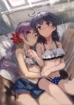  2girls ahoge akebono_(kantai_collection) bangs bell bikini bikini_skirt blue_hair blush breasts day eyebrows_visible_through_hair flower frilled_bikini frills hair_bell hair_flower hair_ornament indoors kantai_collection long_hair lynchis multiple_girls navel polka_dot polka_dot_bikini ponytail purple_hair side_ponytail smile swimsuit ushio_(kantai_collection) window 