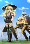  1girl :d arm_ribbon binoculars black_footwear black_tank_top blonde_hair boots character_request clothes_around_waist grey_eyes haegiwa_gonbee hat hat_feather kemono_friends_3 lucky_beast_(kemono_friends) open_mouth ribbon robot sky smile 