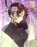  1girl belt black_hair black_jacket bug butterfly butterfly_hair_ornament closed_mouth hair_ornament haori insect jacket japanese_clothes kimetsu_no_yaiba kochou_shinobu long_sleeves looking_at_viewer moe short_hair smile solo songjikyo sword uniform violet_eyes weapon 