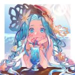  1girl blue_eyes blue_hair blurry blurry_background blush commentary day dress drinking english_commentary glass granblue_fantasy hands_on_own_cheeks hands_on_own_face hat highres long_hair looking_at_viewer lyria_(granblue_fantasy) outdoors parted_lips sitting smile solo sun_hat table very_long_hair white_dress yamikio 
