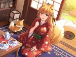  1girl :d animal animal_ears bangs blonde_hair blue_eyes blush book breasts collarbone commentary_request cup day eyebrows_visible_through_hair fang fingernails floral_print fox fox_ears fox_girl fox_tail hair_ornament hand_up high_ponytail indoors japanese_clothes kimono lantern long_hair looking_at_viewer medium_breasts nakamura_sumikage obi open_mouth original ponytail print_kimono red_kimono sash saucer seiza sitting sleeves_past_wrists smile solo tail tail_raised tea teacup teapot very_long_hair wide_sleeves wooden_floor 
