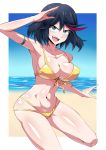  1girl beach bikini black_hair blue_background breasts collarbone cowboy_shot front-tie_top gradient gradient_background highres kill_la_kill large_breasts looking_at_viewer matoi_ryuuko multicolored_hair navel open_mouth redhead salute short_hair smile solo streaked_hair suzusiigasuki swimsuit two-tone_hair water yellow_bikini 