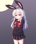  1girl absurdres ahoge animal_ears arms_behind_back black_background black_skirt black_sweater full_moon highres kosobin long_hair moon original rabbit_ears red_eyes school_uniform silver_hair simple_background skirt solo sweater 