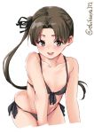  1girl alternate_costume ayanami_(kantai_collection) bikini black_bikini blush breasts brown_eyes brown_hair ebifurya eyebrows_visible_through_hair hair_ribbon kantai_collection long_hair looking_at_viewer open_mouth ribbon side_ponytail simple_background small_breasts smile solo swimsuit white_background 