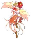  1girl alphes_(style) animal animal_on_head bird bird_tail blonde_hair boots brown_footwear chick commentary_request dairi dress eyebrows_visible_through_hair feathered_wings fighting_stance full_body highres looking_at_viewer multicolored_hair niwatari_kutaka on_head open_mouth orange_dress parody puffy_short_sleeves puffy_sleeves red_eyes red_neckwear redhead shirt short_hair short_sleeves smile solo standing standing_on_one_leg style_parody tachi-e touhou transparent_background two-tone_hair white_shirt wings 
