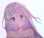  1girl bare_shoulders collarbone commentary_request eyebrows_visible_through_hair face highres long_hair looking_at_viewer nagisa_(cxcx5235) off_shoulder original pink_hair simple_background smile solo violet_eyes white_background 
