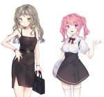  2girls absurdres bag bangs black_bow black_dress blush bow brown_hair collarbone dress eyebrows_visible_through_hair green_eyes highres holding holding_bag holding_plate long_hair maid medium_hair multiple_girls open_mouth original pink_hair plate puffy_short_sleeves puffy_sleeves red_bow short_sleeves simple_background thigh-highs twintails urim_(paintur) violet_eyes white_background white_legwear 