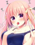  1girl bangs bare_arms bare_shoulders blue_swimsuit blush bow breasts cherry commentary_request eyebrows_visible_through_hair fingernails food food_in_mouth fruit hair_between_eyes hair_bow hanamiya_natsuka hands_up heart heart-shaped_pupils large_breasts long_hair original pink_background pink_hair pulled_by_self school_swimsuit solo strap_pull swimsuit symbol-shaped_pupils twintails upper_body violet_eyes yellow_bow 
