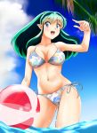 1girl absurdres ass_visible_through_thighs ball beachball bikini blue_eyes blue_sky breasts clouds collarbone commentary_request contrapposto cute day green_hair highres long_hair looking_at_viewer lum medium_breasts nanao_futaba navel oni_horns open_mouth outdoors palm_tree pointy_ears print_bikini side-tie_bikini sky smile soaking_feet solo standing summer swimsuit tree upper_teeth urusei_yatsura 