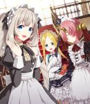  3girls abigail_williams_(fate/grand_order) alcohol alternate_costume apron bangs black_ribbon blonde_hair blue_eyes coconat_summer commentary_request cup drinking_glass eyebrows_visible_through_hair fate/grand_order fate_(series) frankenstein&#039;s_monster_(fate) gloves grey_hair hair_over_eyes highres holding holding_plate horn indoors keyhole long_sleeves looking_at_viewer maid maid_apron maid_dress marie_antoinette_(fate/grand_order) multiple_girls parted_bangs pink_hair plate red_ribbon ribbon sleeves_past_fingers sleeves_past_wrists stairs stuffed_animal stuffed_toy teddy_bear twintails white_gloves wine wine_glass 