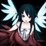  1girl :d collarbone commentary dress eyebrows_visible_through_hair fang glowing glowing_wings green_eyes green_hair hair_between_eyes highres long_hair looking_at_viewer ompf open_mouth saya saya_no_uta smile solo sundress white_dress wings 