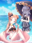  1girl 2girls abigail_williams_(fate/grand_order) absurdres ass bangs bare_shoulders bikini black_bow black_dress blonde_hair blush bow collarbone commentary_request dress eyebrows_visible_through_hair fate/grand_order fate_(series) green_hair hair_bow hair_bun highres holding holding_umbrella ice in_water innertube lavinia_whateley_(fate/grand_order) long_hair looking_at_viewer multiple_girls naryoung orange_bow parted_bangs polka_dot polka_dot_bow solo swimsuit umbrella water 