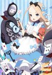  1girl :d abigail_williams_(fate/grand_order) animal apron bangs bell_(oppore_coppore) black_bow black_hairband black_vest blue_bow blue_eyes blue_shirt blue_skirt bow bug butterfly card center_frills collared_shirt commentary_request diagonal_stripes diamond_(shape) dress_shirt fate/grand_order fate_(series) food forehead frilled_apron frills glasses hair_bow hairband heart highres holding holding_key insect key keyhole keyring lavinia_whateley_(fate/grand_order) light_brown_hair maid_apron mirror object_hug octopus open_mouth pancake pantyhose parted_bangs pince-nez playing_card puffy_short_sleeves puffy_sleeves reflection sharp_teeth shirt short_sleeves skirt smile solo_focus spade_(shape) stack_of_pancakes striped striped_background striped_bow stuffed_animal stuffed_toy suction_cups teddy_bear teeth tentacles tokitarou_(fate/grand_order) v-shaped_eyebrows vertical-striped_background vertical_stripes vest violet_eyes white_apron white_hair white_legwear white_skin 