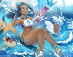  1girl artist_name ass bare_shoulders belly_chain black_hair blue_hair blush clothes_writing dark_skin drednaw earrings gloves gyarados gym_leader hair_bun holding holding_poke_ball hoop_earrings indoors jewelry koshio legs multicolored_hair navel necklace partly_fingerless_gloves poke_ball poke_ball_(generic) pokemon pokemon_(game) pokemon_swsh rurina_(pokemon) sandals short_shorts shorts single_glove sitting sportswear stadium surfing swimsuit tankini toned two-tone_hair wartortle water waving 