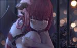  1girl artist_name bat_hair_ornament crying crying_with_eyes_open demon_horns demon_wings furrowed_eyebrows gabriel_dropout hair_between_eyes hair_ornament hair_rings hanbenp horns kurumizawa_satanichia_mcdowell leg_hug orange_hair red_eyes solo tears wings 