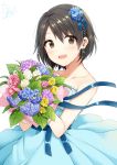  1girl :d aqua_dress bangs bare_arms bare_shoulders blue_flower blush bouquet character_request collarbone dated dot_nose dress earrings eyebrows_visible_through_hair eyes_visible_through_hair flower hair_flower hair_ornament holding holding_bouquet idolmaster idolmaster_cinderella_girls jewelry looking_at_viewer open_mouth pink_flower purple_flower shiny shiny_hair short_hair signature simple_background smile solo strapless strapless_dress tarachine tears white_background yellow_flower 
