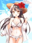  1girl :d alternate_costume bare_shoulders bikini commentary_request cowboy_shot dated flower grey_hair hair_between_eyes hair_ornament hairclip haruna_(kantai_collection) hat hat_flower hibiscus kantai_collection long_hair looking_at_viewer midriff nanoha-h navel open_mouth smile solo straw_hat swimsuit twitter_username white_bikini 