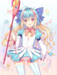  1girl :d bangs blonde_hair blue_bow blue_dress blue_gloves blue_hair bow commentary_request cupcake dress eyebrows_visible_through_hair food frilled_bow frills gloves hair_between_eyes hair_bow heart holding holding_staff kuroe_(sugarberry) little_alice_(wonderland_wars) long_sleeves multicolored_hair open_mouth panties pink_bow puffy_short_sleeves puffy_sleeves red_eyes round_teeth short_over_long_sleeves short_sleeves smile solo staff standing star striped striped_background striped_legwear teeth thigh-highs two-tone_hair underwear upper_teeth vertical-striped_background vertical-striped_legwear vertical_stripes white_panties wide_sleeves wonderland_wars 