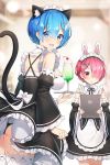  2girls :d animal_ears ass ayamy blue_eyes blue_hair blush cat_ears cat_tail detached_sleeves fake_animal_ears fake_tail from_behind hair_ornament hair_over_one_eye highres holding holding_tray looking_at_viewer maid maid_headdress multiple_girls open_mouth panties pantyshot pantyshot_(standing) pink_hair rabbit_ears ram_(re:zero) re:zero_kara_hajimeru_isekai_seikatsu red_eyes rem_(re:zero) short_hair siblings smile standing tail tray twins underwear x_hair_ornament 