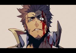  1boy angry beard blood blood_on_face blood_splatter bloody_clothes blue_eyes brown_hair close-up face facial_hair fate/grand_order fate_(series) highres looking_at_viewer male_focus napoleon_bonaparte_(fate/grand_order) ogata_tomio portrait sad simple_background solo teeth 