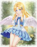  1girl absurdres ahoge angel_wings blonde_hair blue_dress blue_eyes blue_neckwear closed_mouth collarbone dress feathered_wings firo_(tate_no_yuusha_no_nariagari) hair_ornament highres long_hair long_sleeves looking_at_viewer negi3 shiny shiny_hair short_dress smile solo standing tate_no_yuusha_no_nariagari very_long_hair white_wings wings 