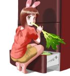  1girl animal_ears arms_up artist_name bangs barefoot blush brown_eyes brown_hair brown_shorts celery chutohampa commentary_request eating fake_animal_ears food graphite_(medium) holding holding_food looking_at_viewer mechanical_pencil original pencil rabbit_ears red_shirt refrigerator shadow shiny shiny_hair shirt short_hair short_sleeves shorts solo squatting teeth traditional_media 