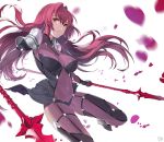 1girl bangs bodysuit breasts closed_mouth covered_navel damda fate/grand_order fate_(series) gae_bolg hair_between_eyes hair_intakes large_breasts long_hair looking_at_viewer pauldrons petals polearm purple_bodysuit purple_hair red_eyes scathach_(fate)_(all) scathach_(fate/grand_order) simple_background solo spear thighs weapon white_background 