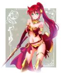  1girl armlet armor bare_shoulders belt bikini_armor breastplate breasts buckle buckler circlet earrings elbow_gloves forehead_protector gloves gorget greaves green_eyes highres iesupa jewelry leg_armor long_hair midriff navel ponytail pyrrha_nikos redhead rwby sarong shield solo sword vambraces weapon xiphos_(sword) 