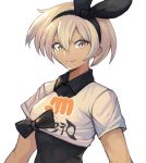  1girl bodysuit_under_clothes breasts crop_top dark_skin grey_eyes hair_between_eyes hairband highres looking_at_viewer medium_breasts pokemon pokemon_(game) pokemon_swsh saitou_(pokemon) shirt short_hair short_sleeves silver_hair simple_background smile solo sookmo tied_shirt upper_body white_background 