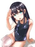  1girl absurdres alternate_costume alternate_legwear arm_support asashio_(kantai_collection) black_hair blue_eyes blue_swimsuit blush breasts collarbone covered_navel eureka_(eureka-0075) eyebrows_visible_through_hair hair_between_eyes highres kantai_collection long_hair looking_at_viewer old_school_swimsuit one-piece_swimsuit open_mouth salute school_swimsuit shadow simple_background sitting small_breasts solo swimsuit teeth thigh-highs white_background white_legwear 