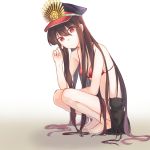  1girl absurdres barefoot black_headwear breasts brown_hair cat closed_mouth fate/grand_order fate_(series) full_body hair_between_eyes hat highres long_hair looking_at_viewer oda_nobunaga_(fate) peaked_cap red_bikini_top red_eyes simple_background small_breasts solo squatting straight_hair very_long_hair white_background yukino030yu_ri 